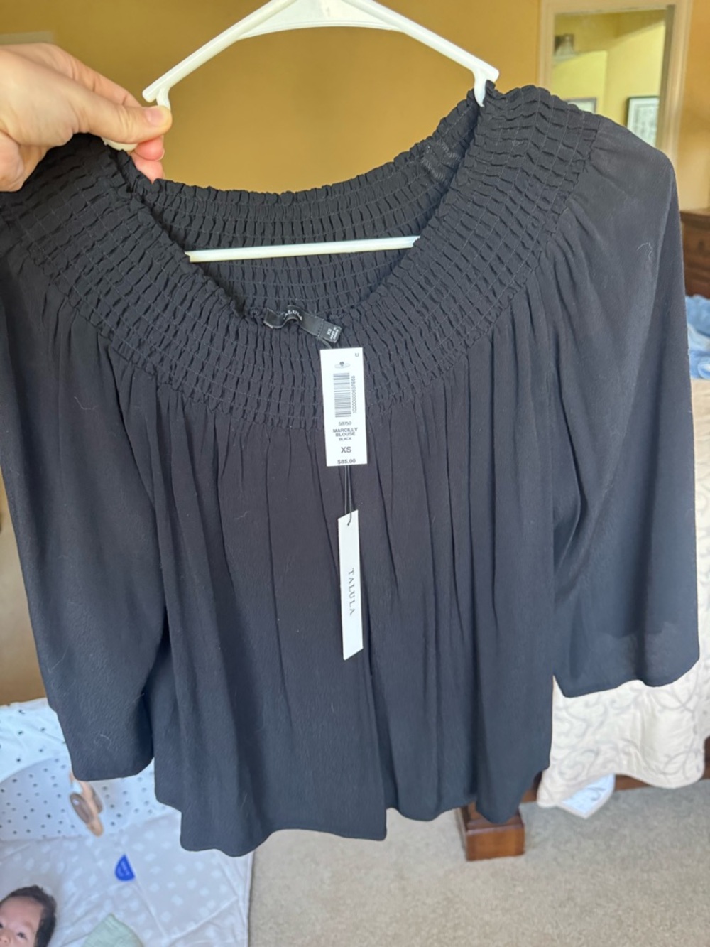 Talula Black Smocked-Neck Peasant Blouse